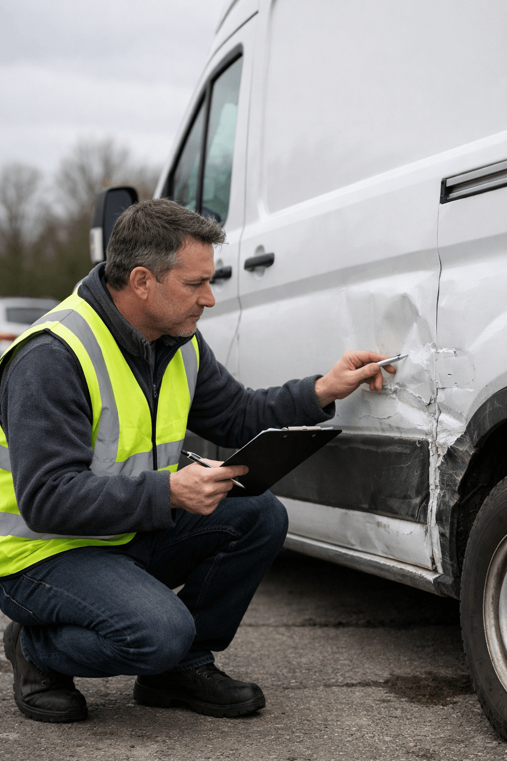 A vehicle assessor inspecting the bodywork damage on a white van with a clipboard