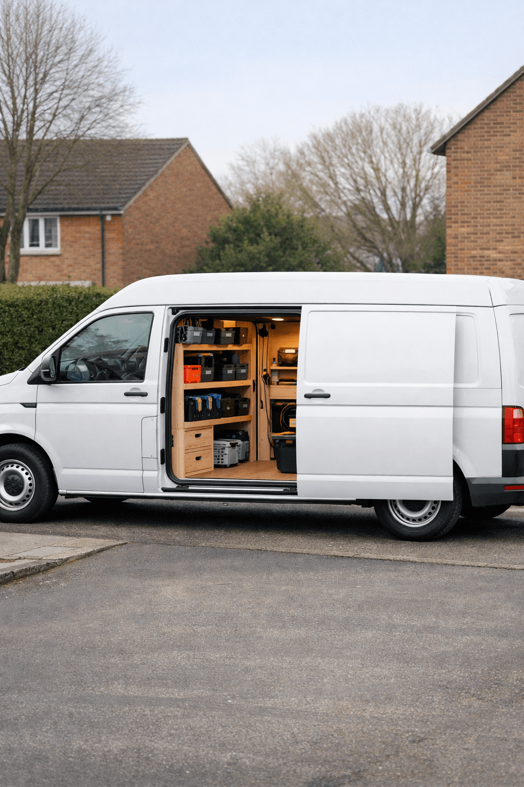 White Volkswagen Transporter long-wheelbase van with open sliding door showing fitted wooden racking inside