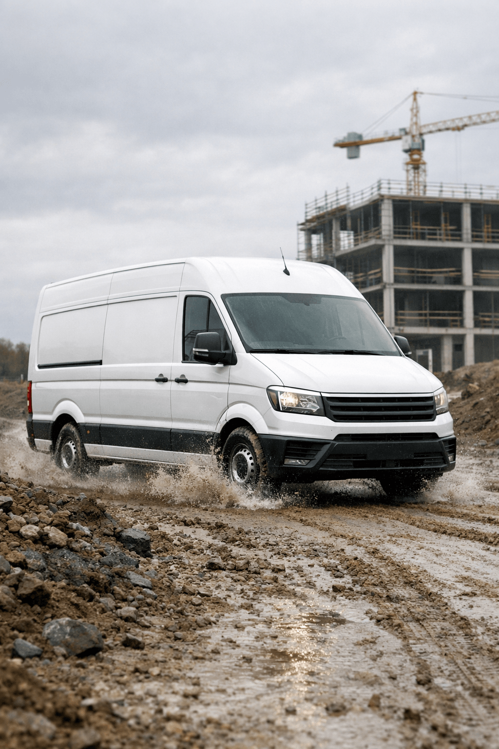 A large white panel van driving across a muddy, rutted construction site track with loose gravel and wet ground