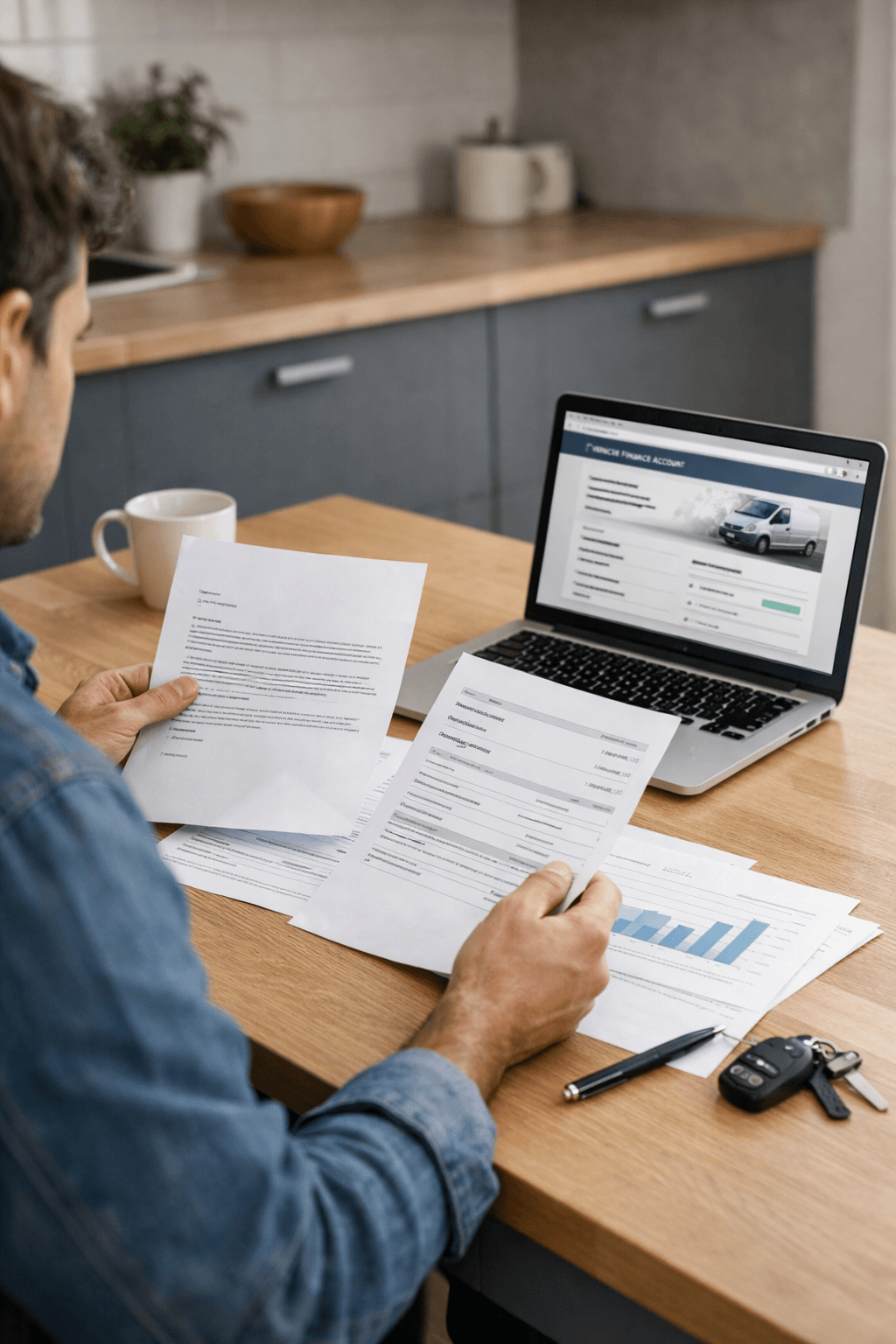 A person reviewing printed finance settlement documents at a kitchen table with a laptop open nearby