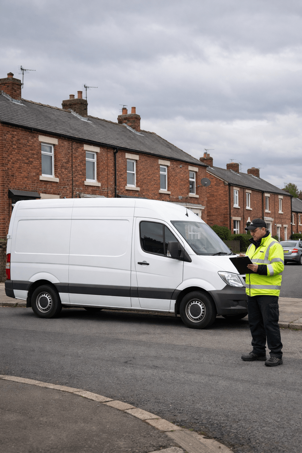 A white panel van parked outside terraced houses on a northern English street with a collection driver holding a clipboard
