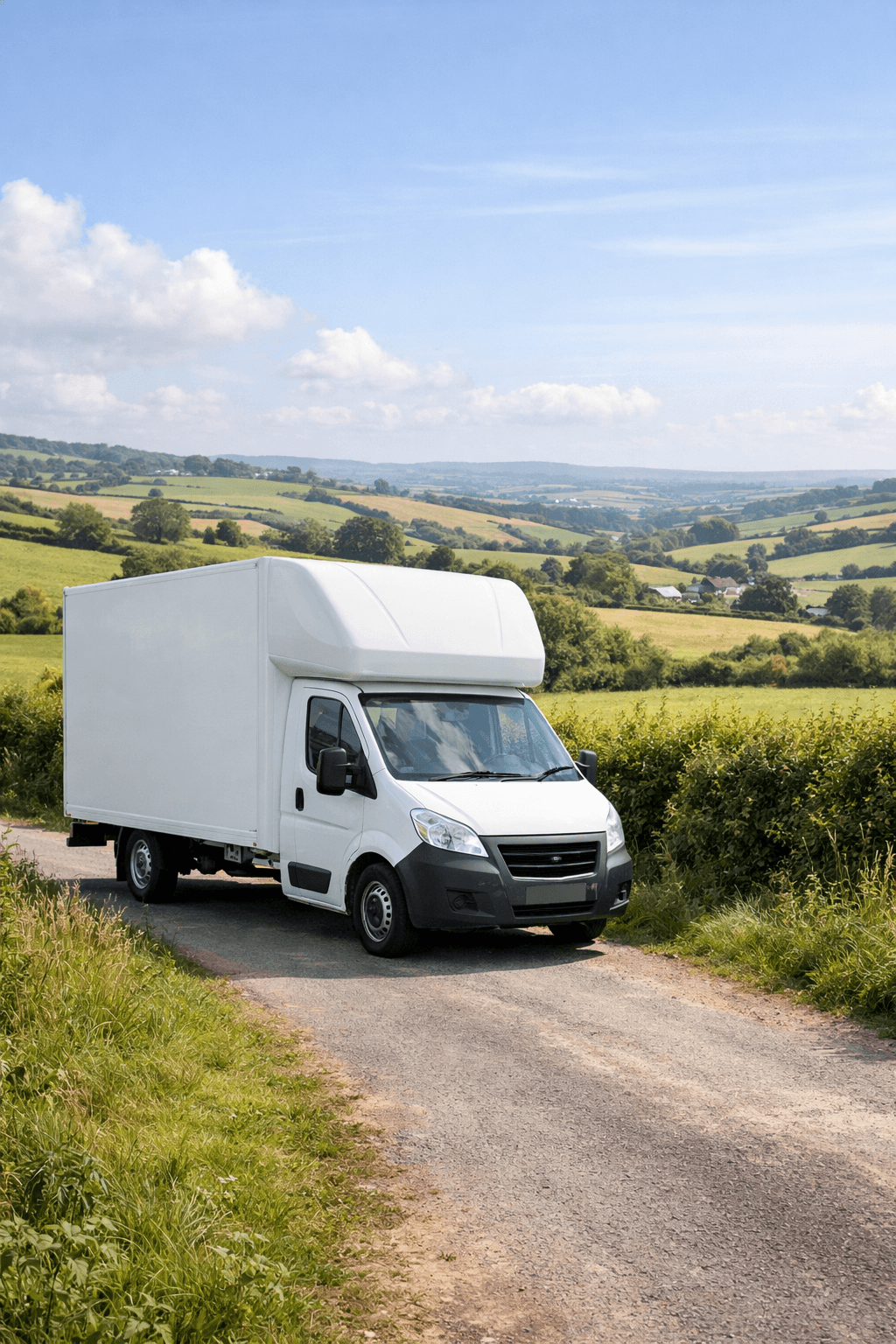 A white Luton van parked on a narrow country lane surrounded by green hedgerows and farmland in rural South West England